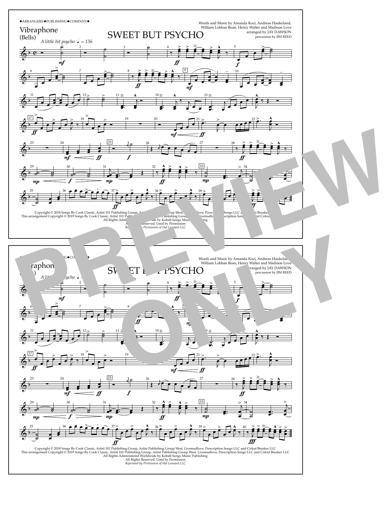Download Ava Max Sweet But Psycho (arr. Jay Dawson) - Vibraphone Sheet Music and learn how to play Marching Band PDF digital score in minutes