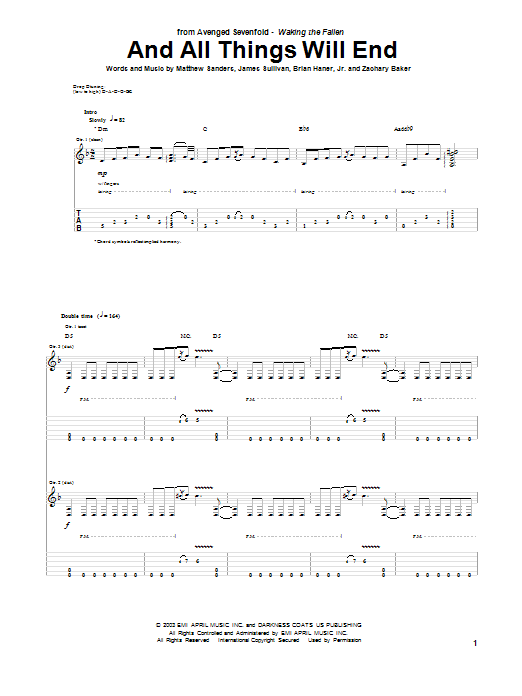 Download Avenged Sevenfold And All Things Will End Sheet Music and learn how to play Guitar Tab PDF digital score in minutes