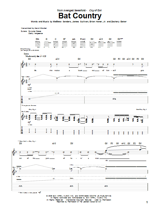 Download Avenged Sevenfold Bat Country Sheet Music and learn how to play Bass Guitar Tab PDF digital score in minutes