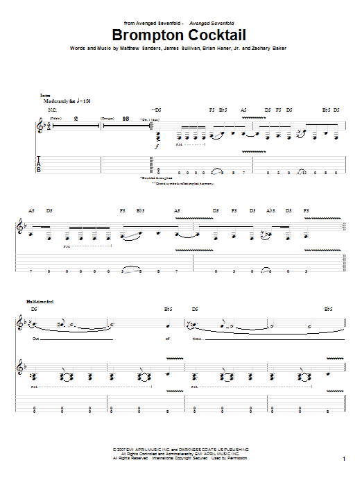 Download Avenged Sevenfold Brompton Cocktail Sheet Music and learn how to play Guitar Tab PDF digital score in minutes