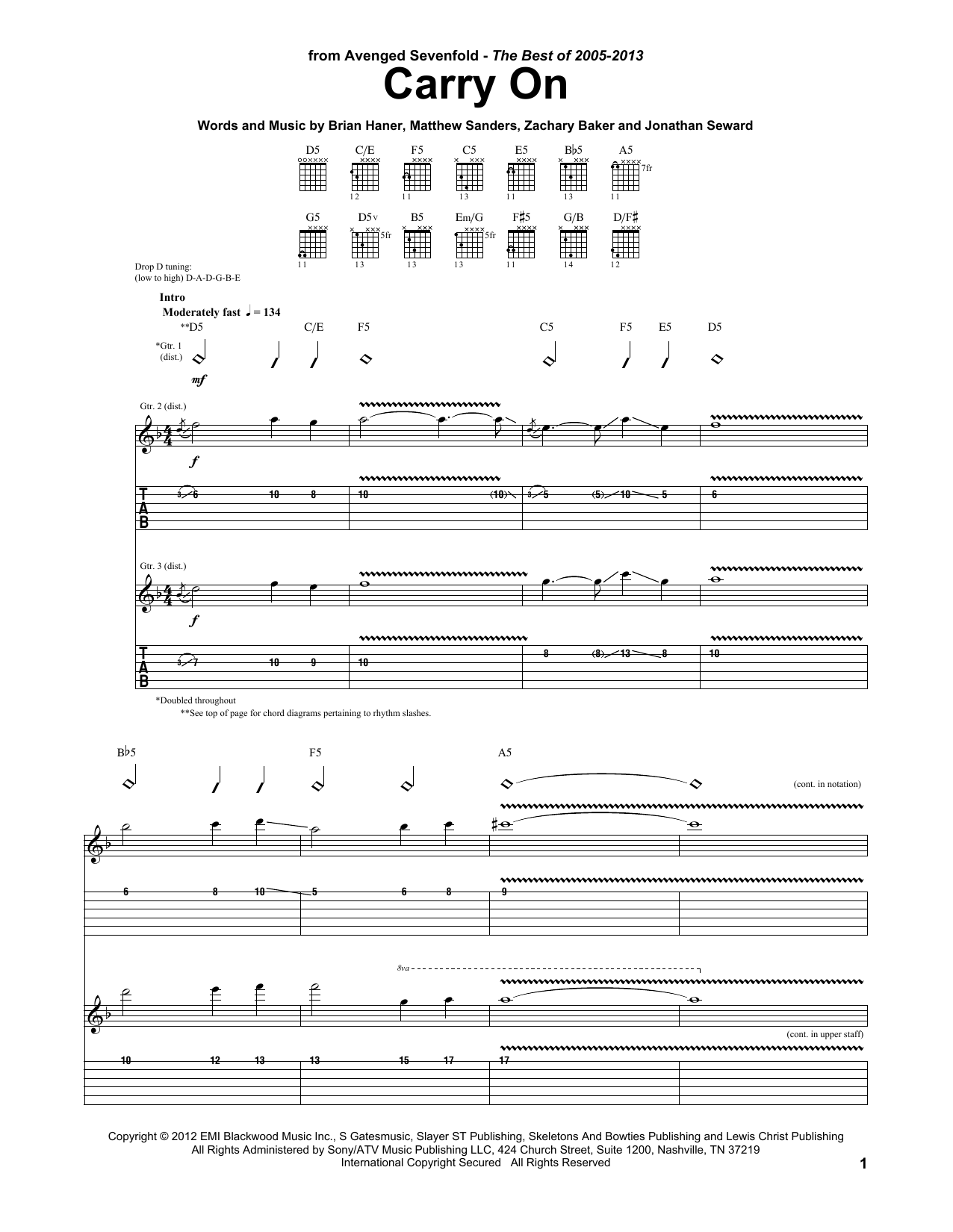 Download Avenged Sevenfold Carry On Sheet Music and learn how to play Guitar Tab PDF digital score in minutes