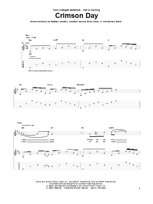 Download Avenged Sevenfold Crimson Day Sheet Music and learn how to play Guitar Tab PDF digital score in minutes