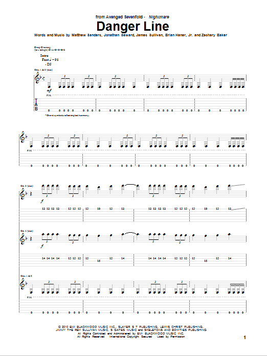 Download Avenged Sevenfold Danger Line Sheet Music and learn how to play Bass Guitar Tab PDF digital score in minutes