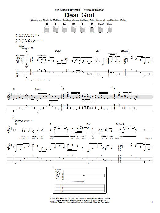 Download Avenged Sevenfold Dear God Sheet Music and learn how to play Guitar Tab PDF digital score in minutes