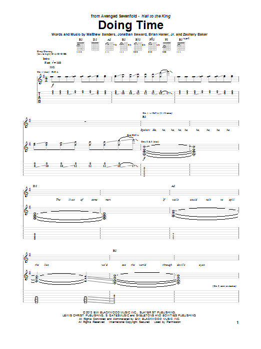 Download Avenged Sevenfold Doing Time Sheet Music and learn how to play Guitar Tab PDF digital score in minutes