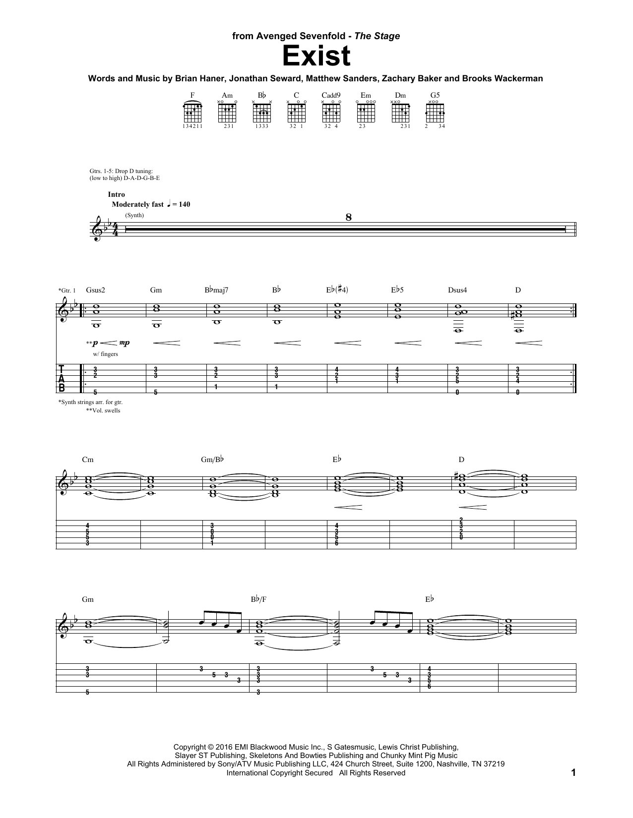 Download Avenged Sevenfold Exist Sheet Music and learn how to play Guitar Tab PDF digital score in minutes