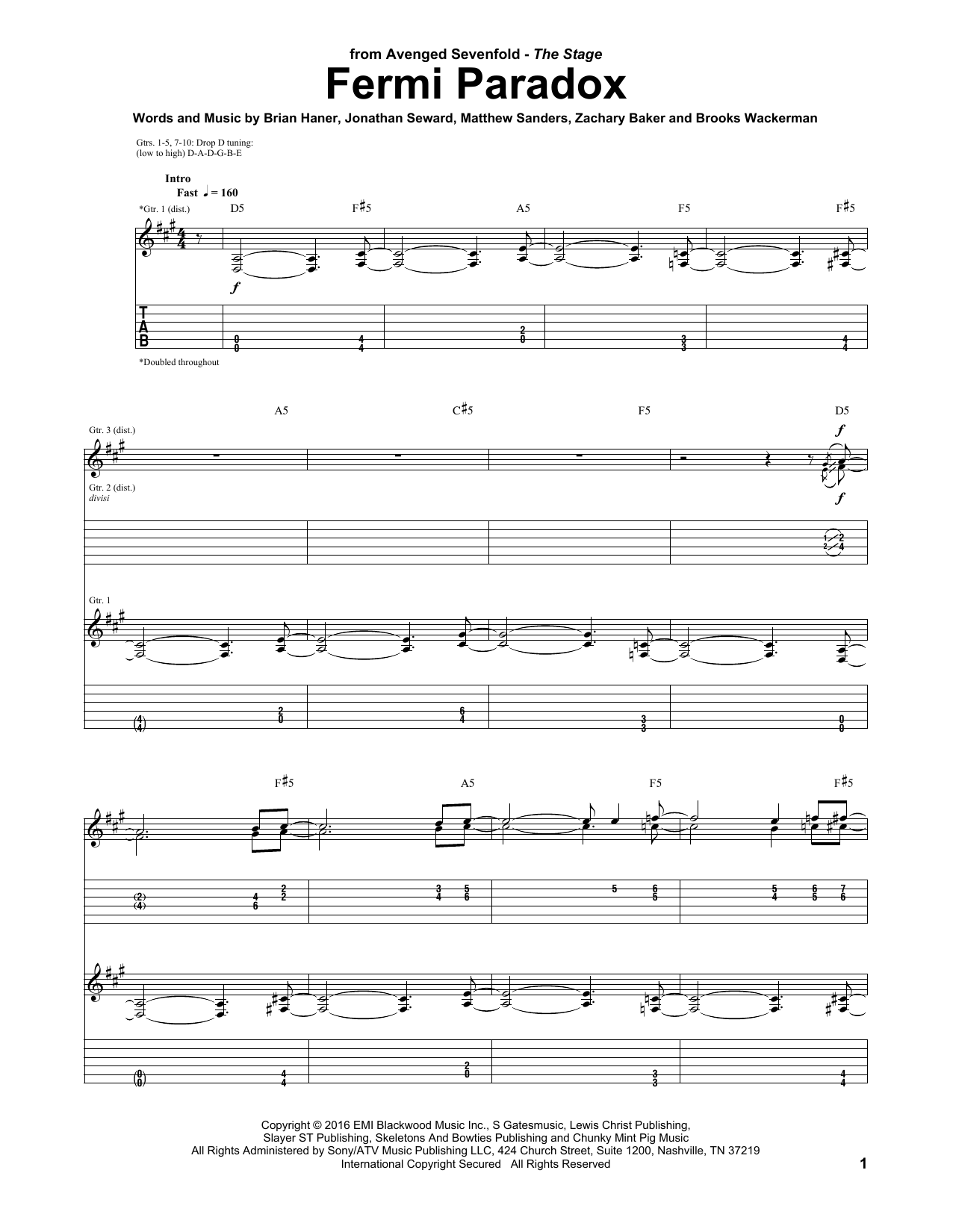 Download Avenged Sevenfold Fermi Paradox Sheet Music and learn how to play Guitar Tab PDF digital score in minutes