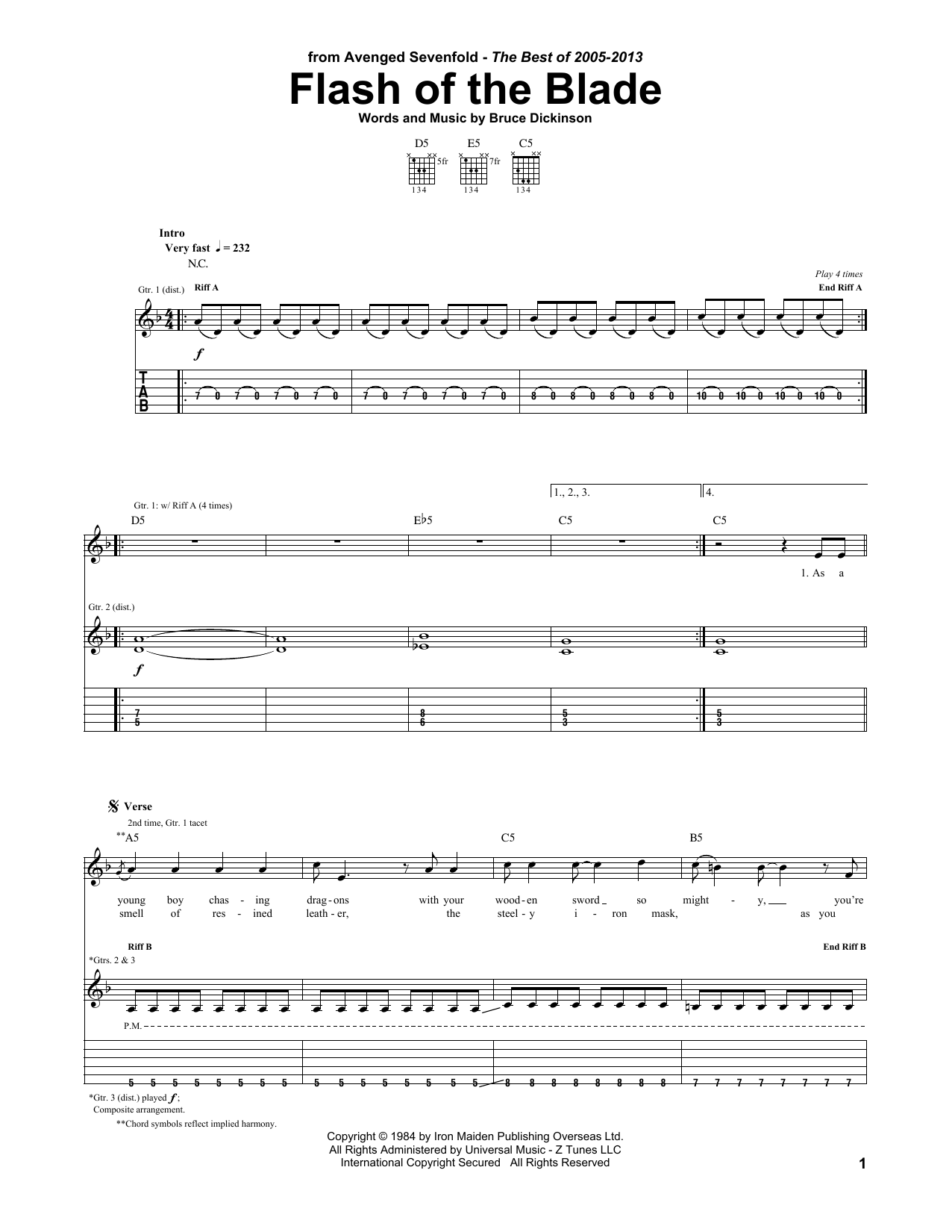 Download Avenged Sevenfold Flash Of The Blade Sheet Music and learn how to play Guitar Tab PDF digital score in minutes