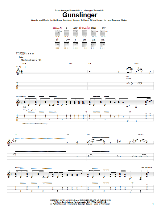 Download Avenged Sevenfold Gunslinger Sheet Music and learn how to play Guitar Tab PDF digital score in minutes