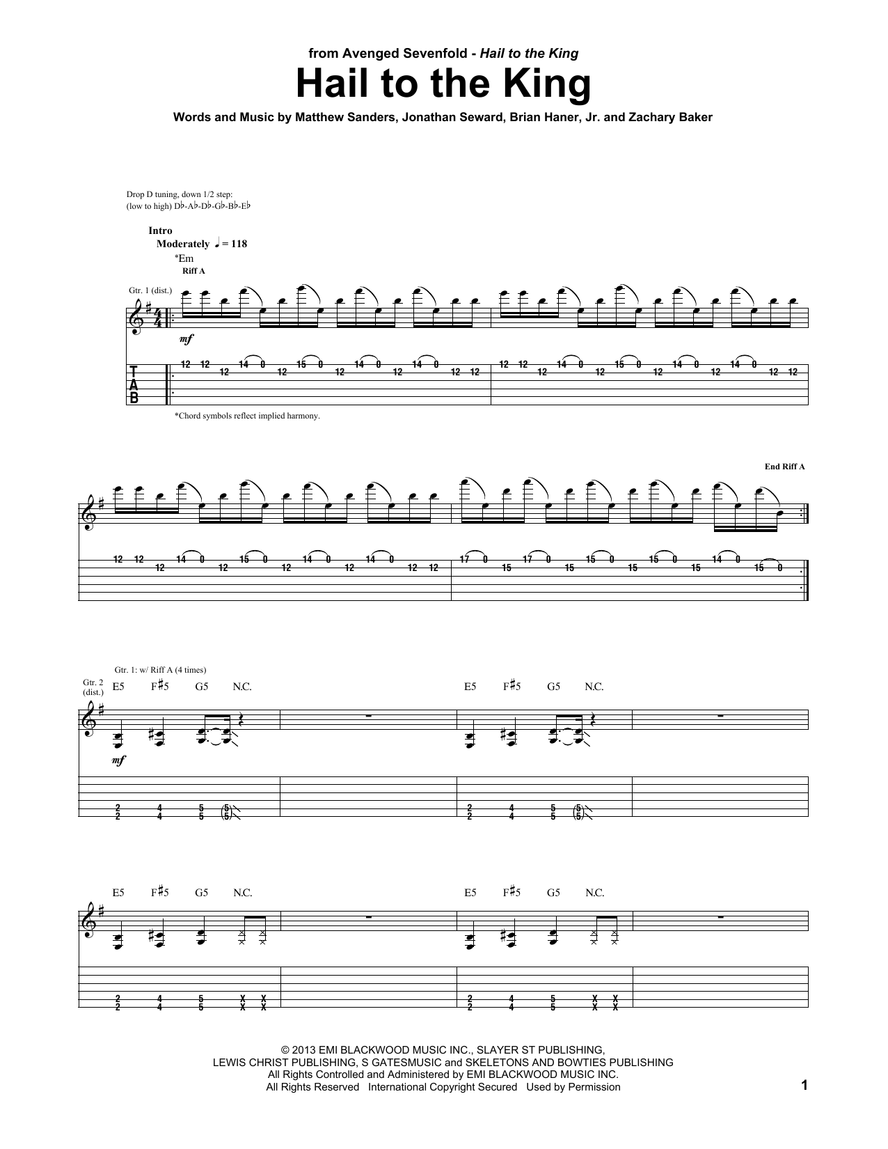 Download Avenged Sevenfold Hail To The King Sheet Music and learn how to play Guitar Tab PDF digital score in minutes