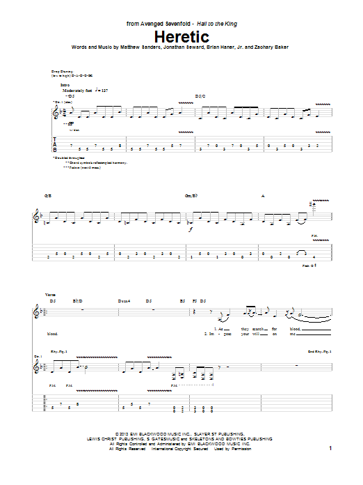 Download Avenged Sevenfold Heretic Sheet Music and learn how to play Guitar Tab PDF digital score in minutes