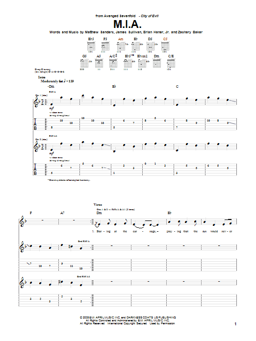 Download Avenged Sevenfold M.I.A. Sheet Music and learn how to play Guitar Tab PDF digital score in minutes