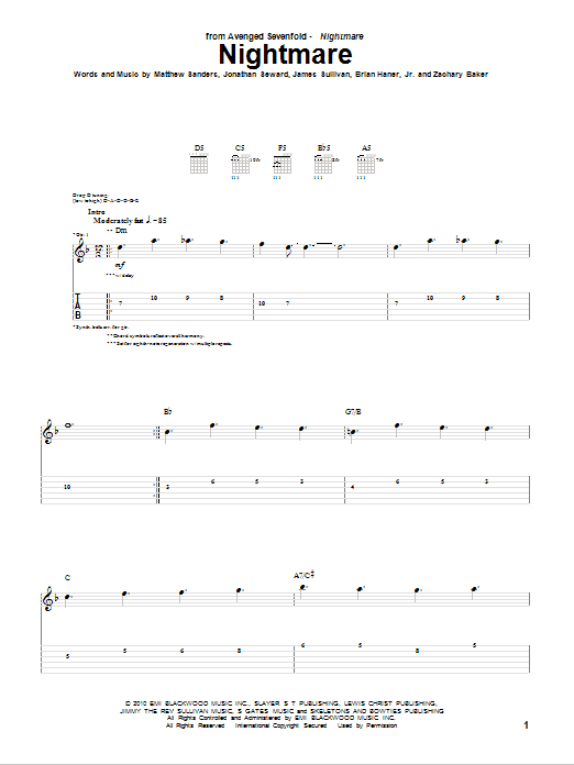Download Avenged Sevenfold Nightmare Sheet Music and learn how to play Bass Guitar Tab PDF digital score in minutes