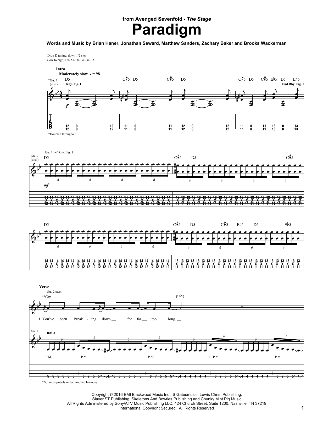 Download Avenged Sevenfold Paradigm Sheet Music and learn how to play Guitar Tab PDF digital score in minutes