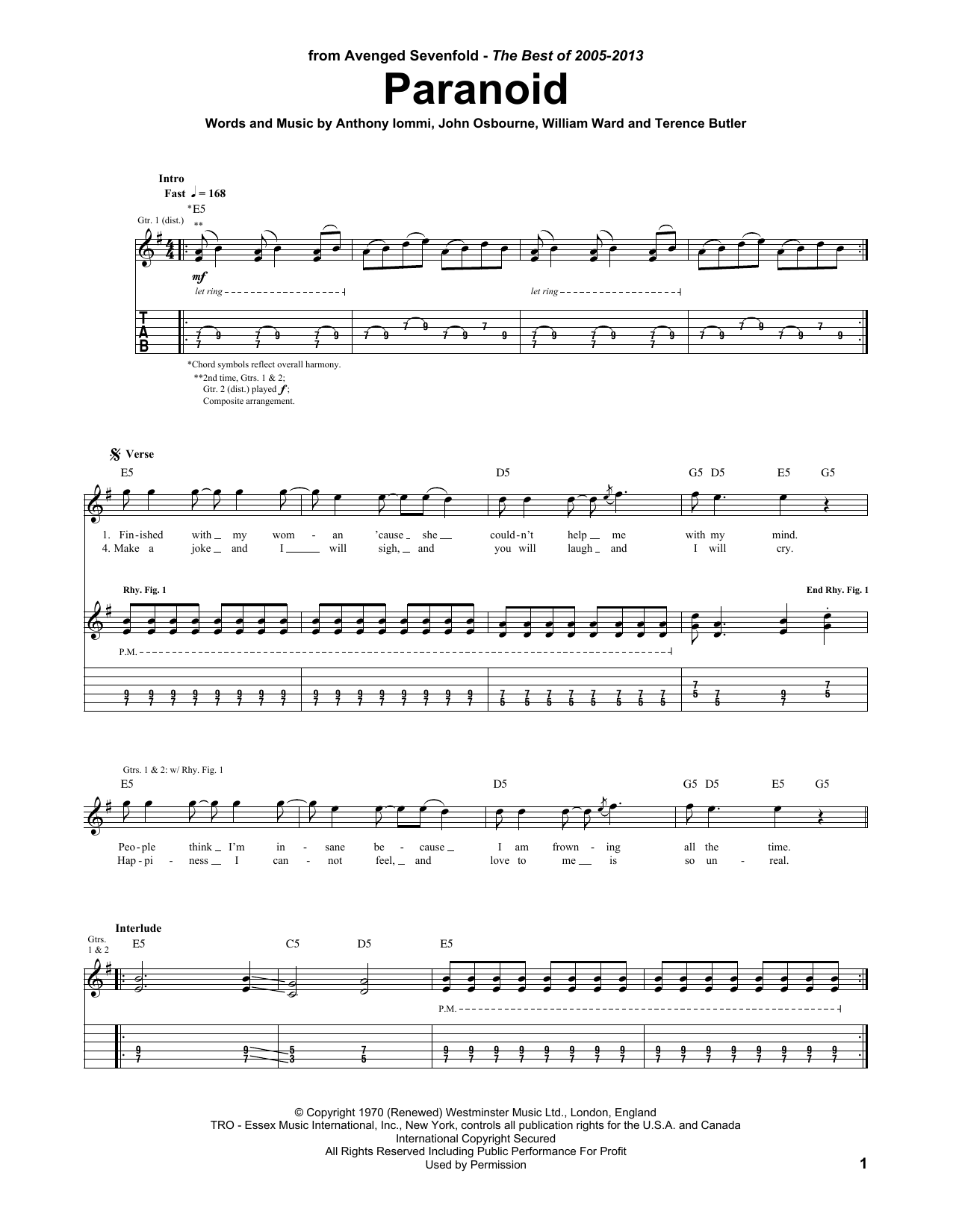 Download Avenged Sevenfold Paranoid Sheet Music and learn how to play Guitar Tab PDF digital score in minutes