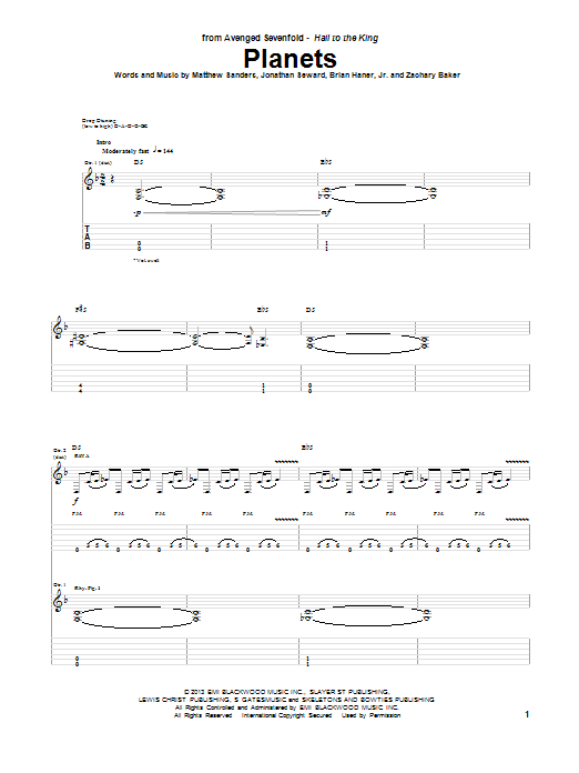 Download Avenged Sevenfold Planets Sheet Music and learn how to play Guitar Tab PDF digital score in minutes