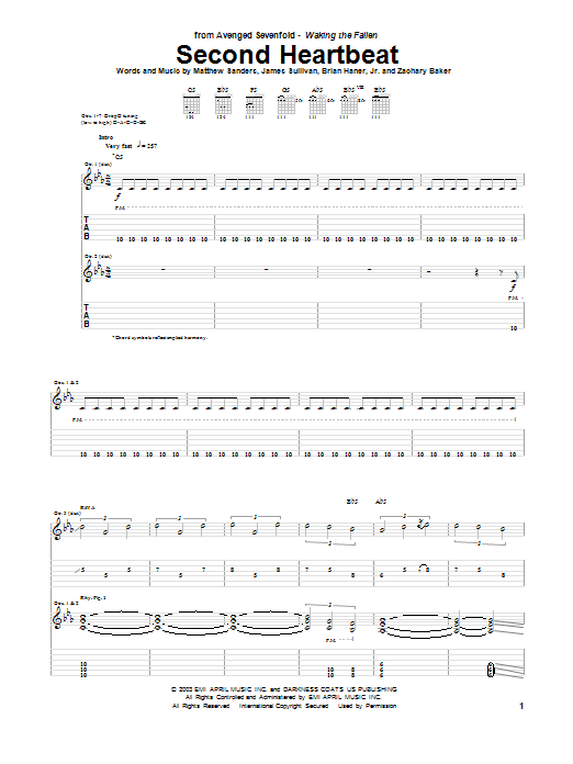 Download Avenged Sevenfold Second Heartbeat Sheet Music and learn how to play Guitar Tab PDF digital score in minutes