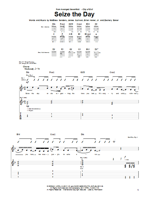 Download Avenged Sevenfold Seize The Day Sheet Music and learn how to play Guitar Tab PDF digital score in minutes