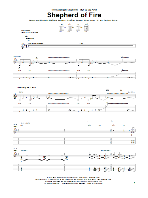 Download Avenged Sevenfold Shepherd Of Fire Sheet Music and learn how to play Guitar Tab PDF digital score in minutes