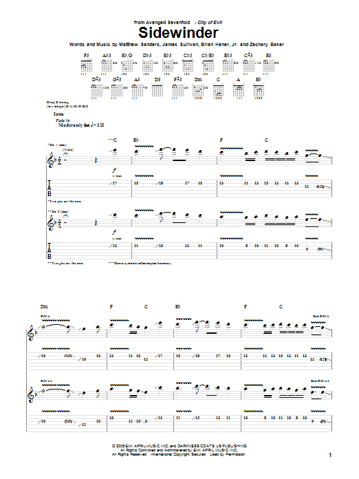 Download Avenged Sevenfold Sidewinder Sheet Music and learn how to play Guitar Tab PDF digital score in minutes