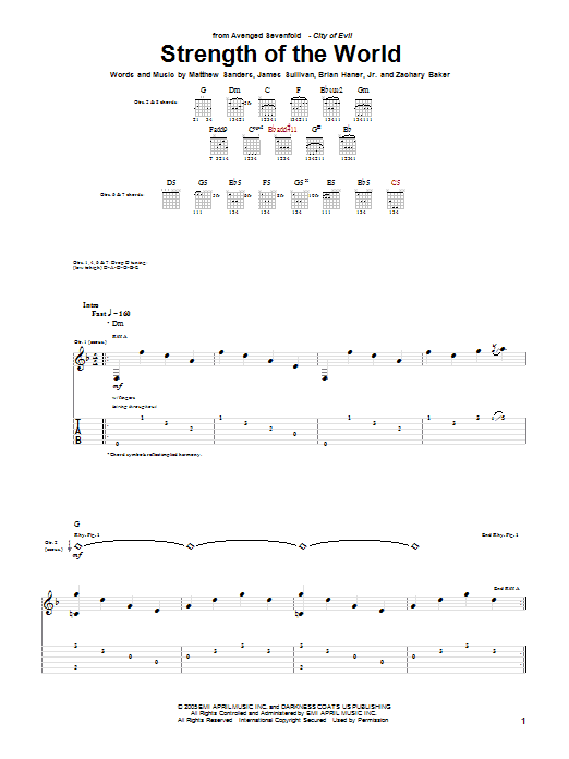 Download Avenged Sevenfold Strength Of The World Sheet Music and learn how to play Guitar Tab PDF digital score in minutes