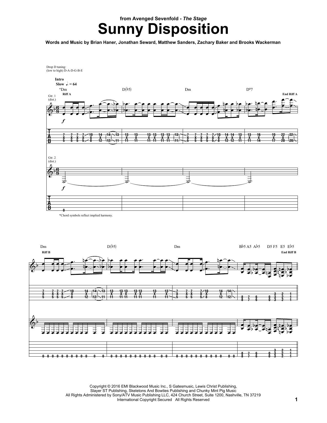 Download Avenged Sevenfold Sunny Disposition Sheet Music and learn how to play Guitar Tab PDF digital score in minutes