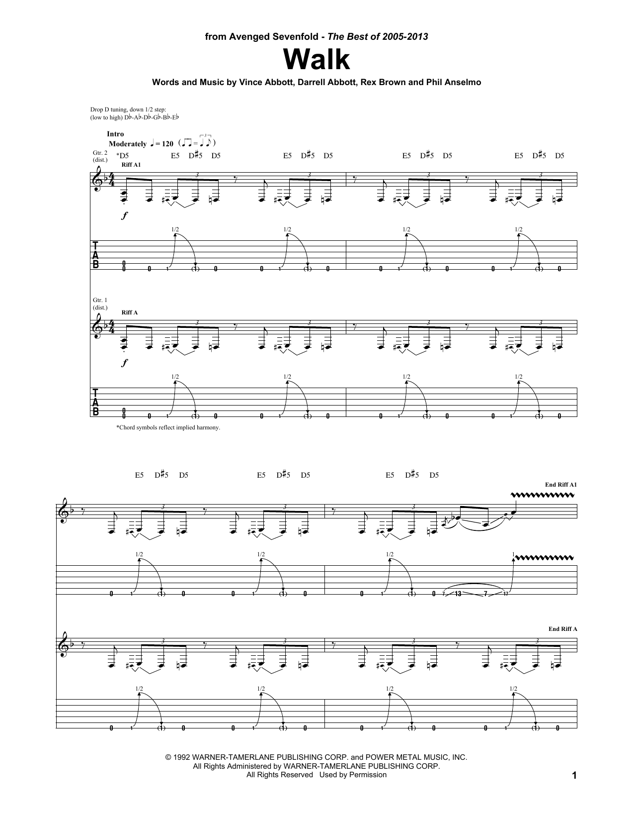 Download Avenged Sevenfold Walk Sheet Music and learn how to play Guitar Tab PDF digital score in minutes