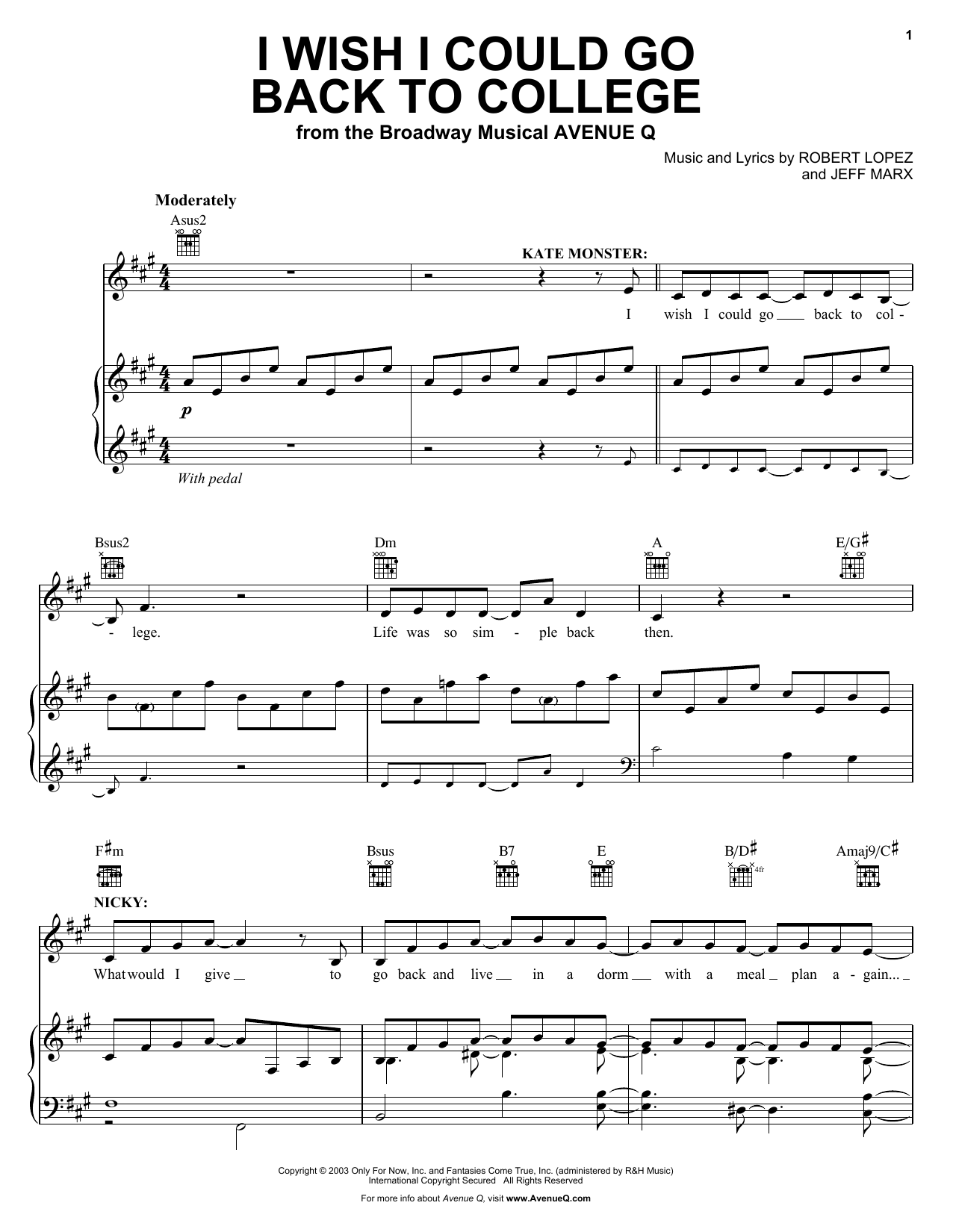 Download Avenue Q I Wish I Could Go Back To College Sheet Music and learn how to play Piano, Vocal & Guitar (Right-Hand Melody) PDF digital score in minutes
