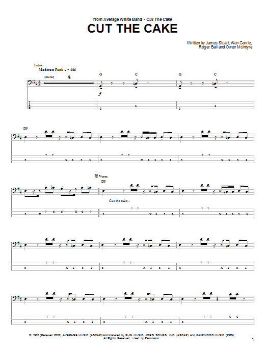 Download Average White Band Cut The Cake Sheet Music and learn how to play Bass Guitar Tab PDF digital score in minutes
