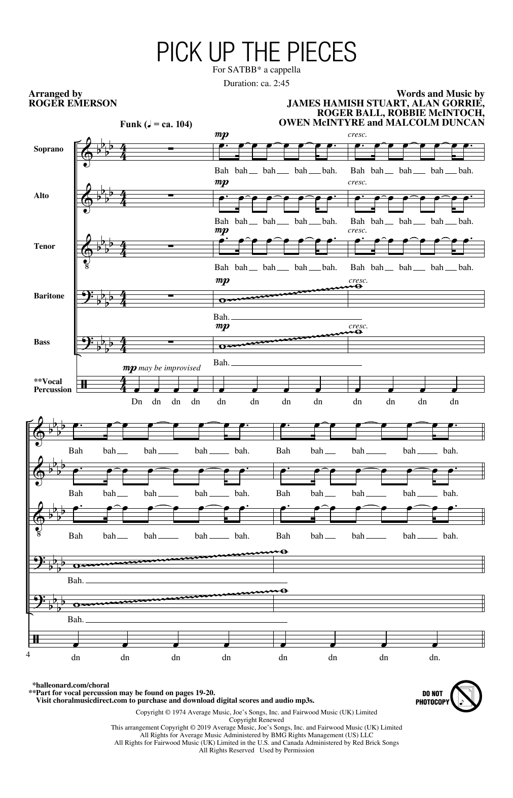 Download Average White Band Pick Up The Pieces (arr. Roger Emerson) Sheet Music and learn how to play SATBB Choir PDF digital score in minutes
