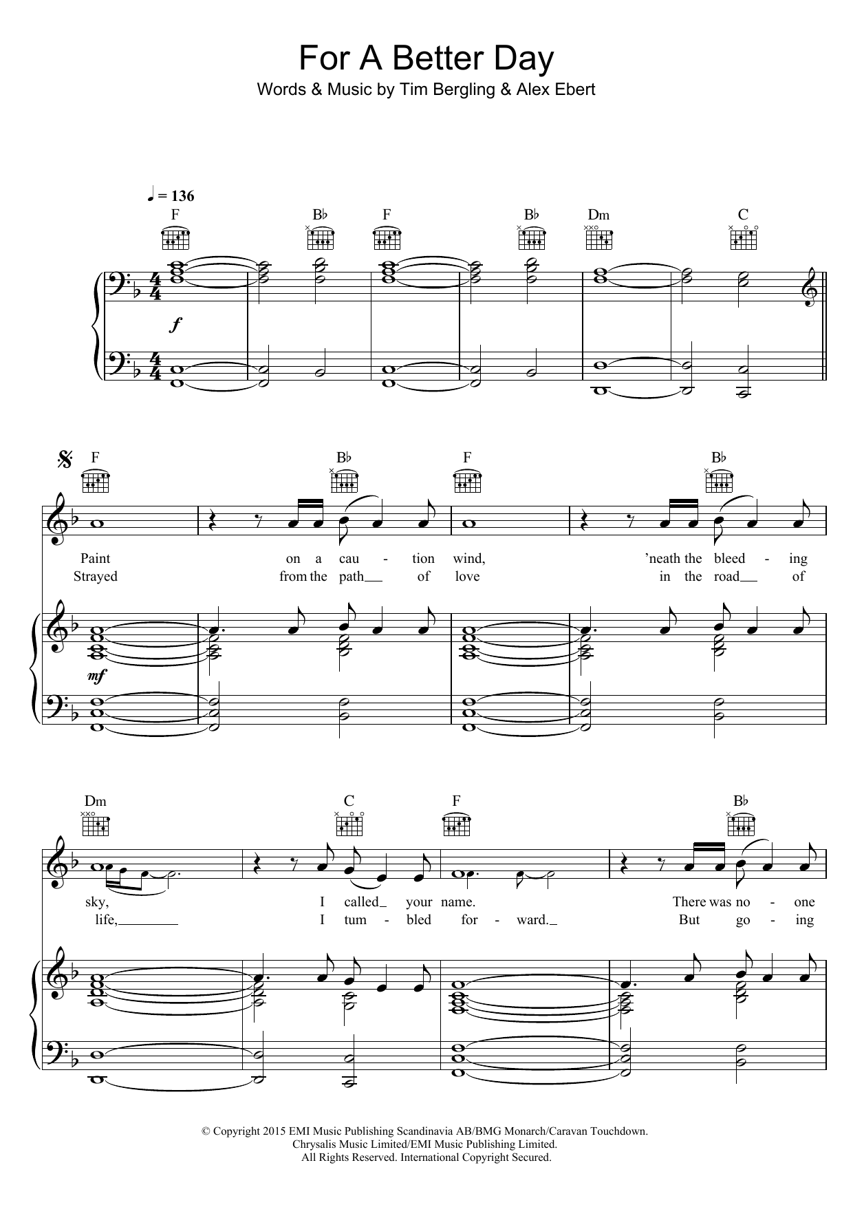 Download Avicii For A Better Day Sheet Music and learn how to play Piano, Vocal & Guitar (Right-Hand Melody) PDF digital score in minutes