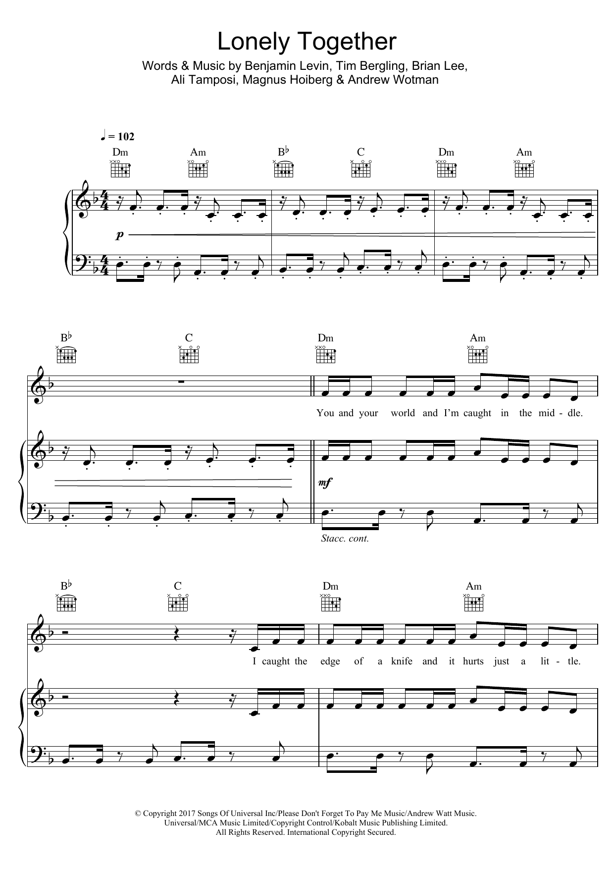 Download Avicii Lonely Together (feat. Rita Ora) Sheet Music and learn how to play Piano, Vocal & Guitar (Right-Hand Melody) PDF digital score in minutes