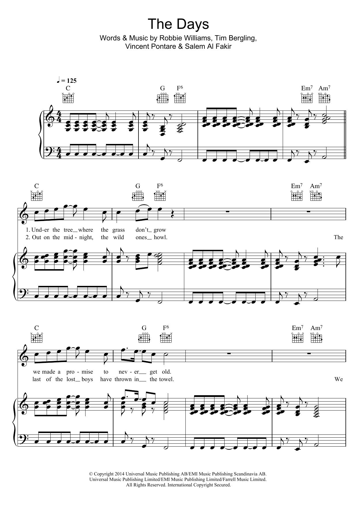 Download Avicii The Days (feat. Robbie Williams) Sheet Music and learn how to play Piano, Vocal & Guitar (Right-Hand Melody) PDF digital score in minutes