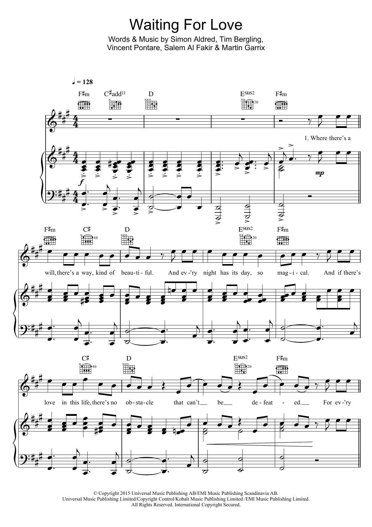 Download Avicii Waiting For Love Sheet Music and learn how to play Piano, Vocal & Guitar PDF digital score in minutes