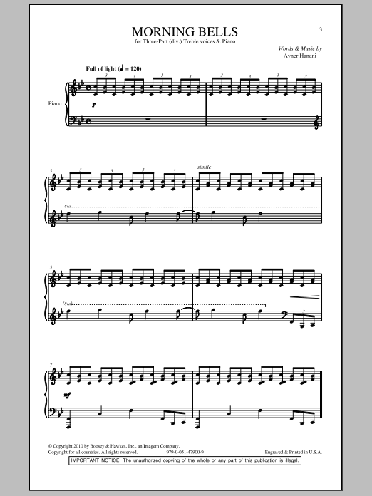 Download Avner Hanani Morning Bells Sheet Music and learn how to play 3-Part Treble PDF digital score in minutes