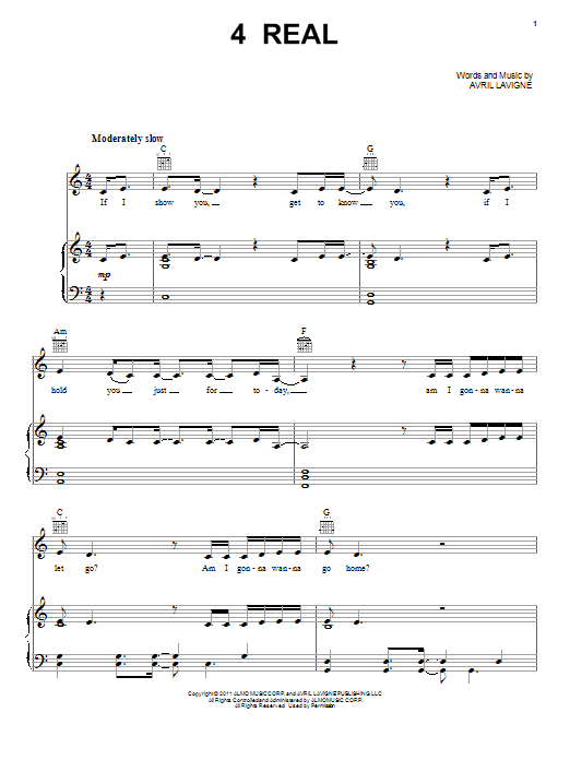 Download Avril Lavigne 4 Real Sheet Music and learn how to play Piano, Vocal & Guitar (Right-Hand Melody) PDF digital score in minutes