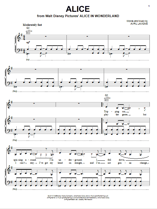 Download Avril Lavigne Alice Sheet Music and learn how to play Easy Piano PDF digital score in minutes