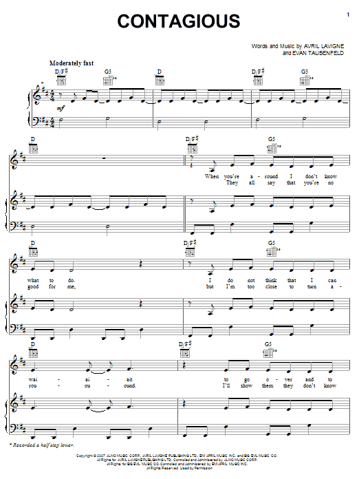 Download Avril Lavigne Contagious Sheet Music and learn how to play Piano, Vocal & Guitar (Right-Hand Melody) PDF digital score in minutes