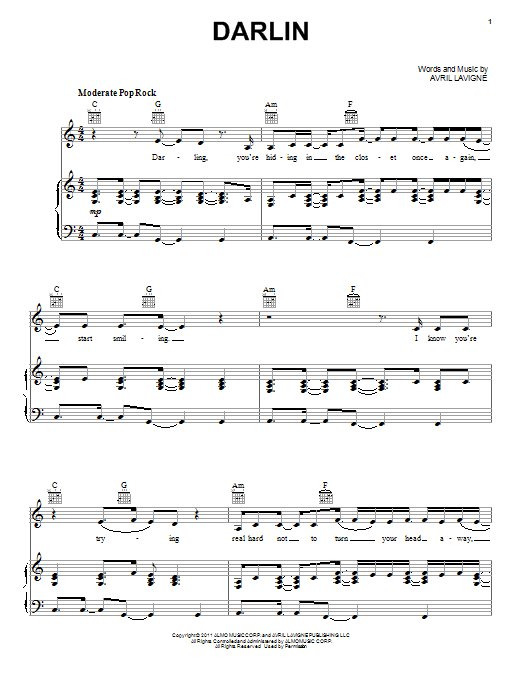 Download Avril Lavigne Darlin Sheet Music and learn how to play Piano, Vocal & Guitar (Right-Hand Melody) PDF digital score in minutes