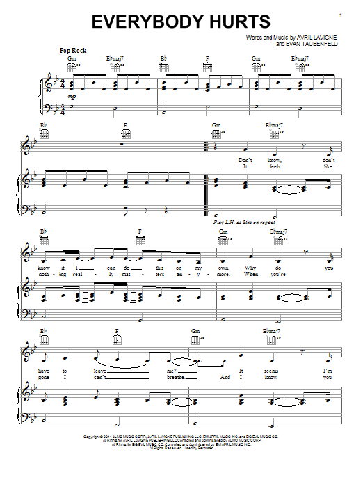 Download Avril Lavigne Everybody Hurts Sheet Music and learn how to play Piano, Vocal & Guitar (Right-Hand Melody) PDF digital score in minutes