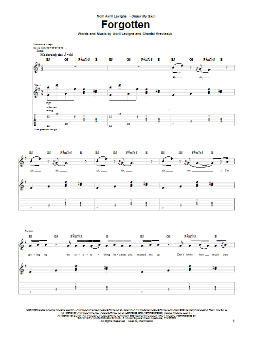 Download Avril Lavigne Forgotten Sheet Music and learn how to play Piano, Vocal & Guitar (Right-Hand Melody) PDF digital score in minutes