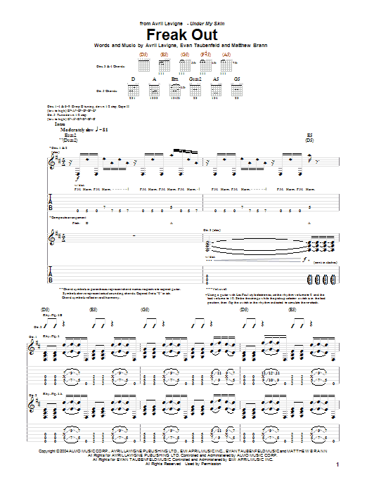 Download Avril Lavigne Freak Out Sheet Music and learn how to play Guitar Tab PDF digital score in minutes