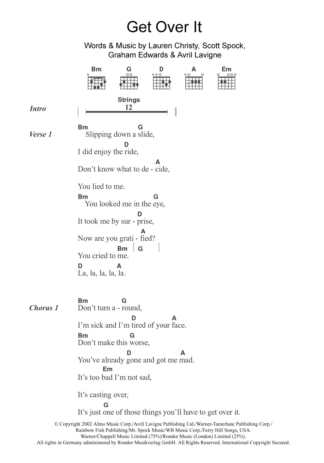 Download Avril Lavigne Get Over It Sheet Music and learn how to play Lyrics & Chords PDF digital score in minutes