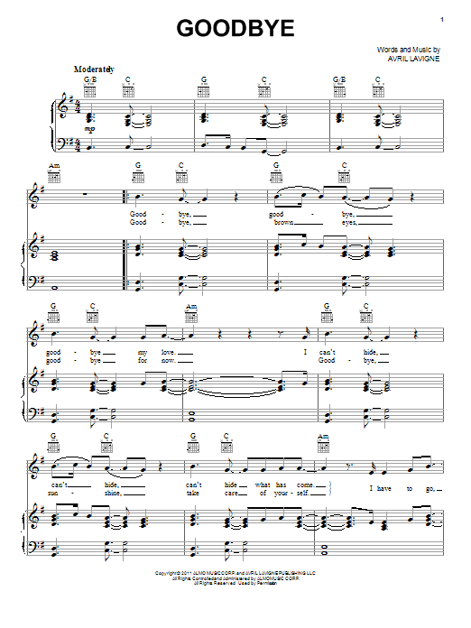 Download Avril Lavigne Goodbye Sheet Music and learn how to play Piano, Vocal & Guitar (Right-Hand Melody) PDF digital score in minutes