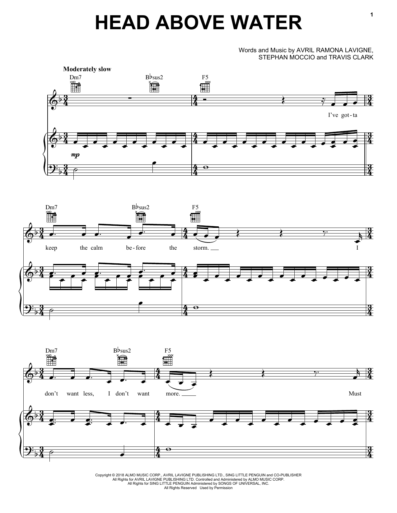 Download Avril Lavigne Head Above Water Sheet Music and learn how to play Piano, Vocal & Guitar Chords (Right-Hand Melody) PDF digital score in minutes
