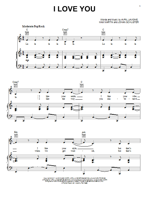 Download Avril Lavigne I Love You Sheet Music and learn how to play Piano, Vocal & Guitar (Right-Hand Melody) PDF digital score in minutes