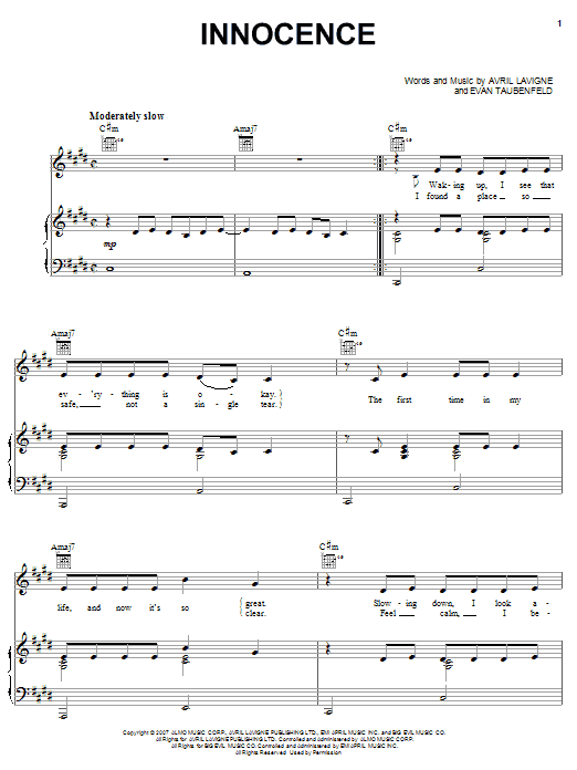 Download Avril Lavigne Innocence Sheet Music and learn how to play Piano, Vocal & Guitar (Right-Hand Melody) PDF digital score in minutes