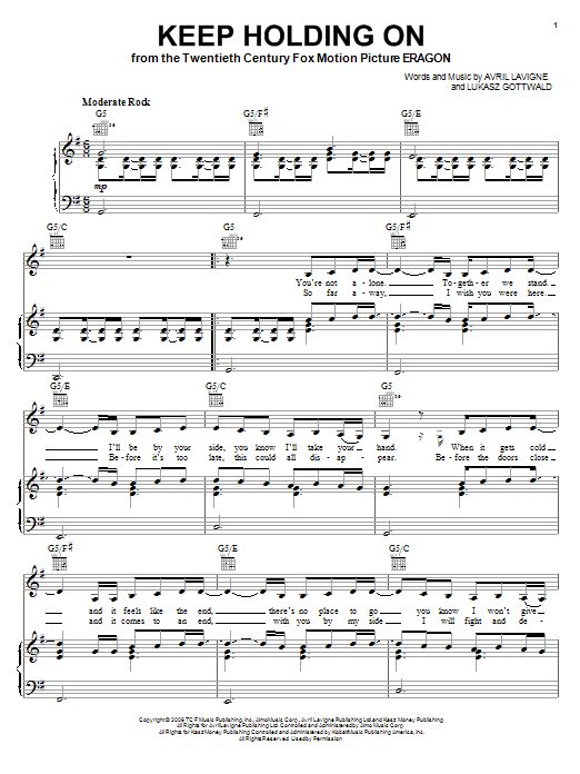 Download Avril Lavigne Keep Holding On Sheet Music and learn how to play Piano, Vocal & Guitar (Right-Hand Melody) PDF digital score in minutes