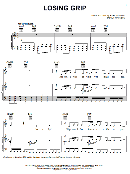 Download Avril Lavigne Losing Grip Sheet Music and learn how to play Piano, Vocal & Guitar (Right-Hand Melody) PDF digital score in minutes