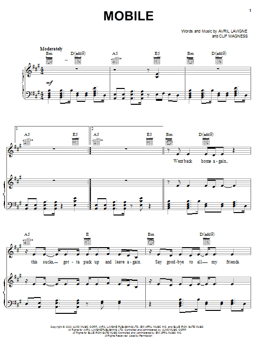 Download Avril Lavigne Mobile Sheet Music and learn how to play Piano, Vocal & Guitar (Right-Hand Melody) PDF digital score in minutes
